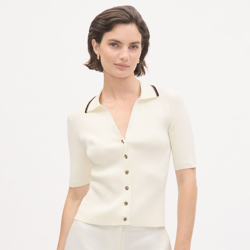 RW&CO. Elbow-Sleeve Cream Ribbed Button Up Polo Sweater